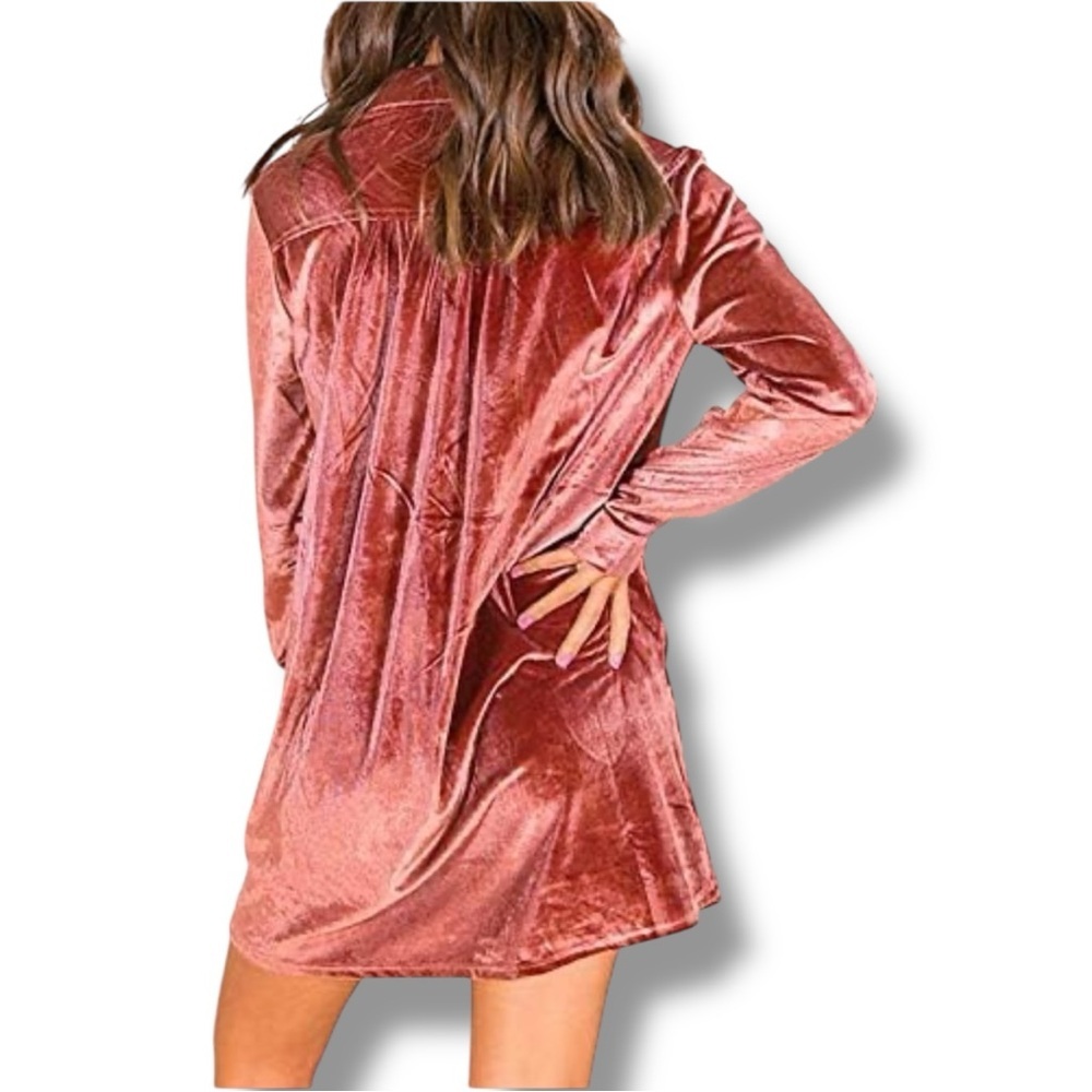 Rose/Mauve Velvet Long Sleeve Button Down Collared Mini Shirt Dress - Picture 2 of 16